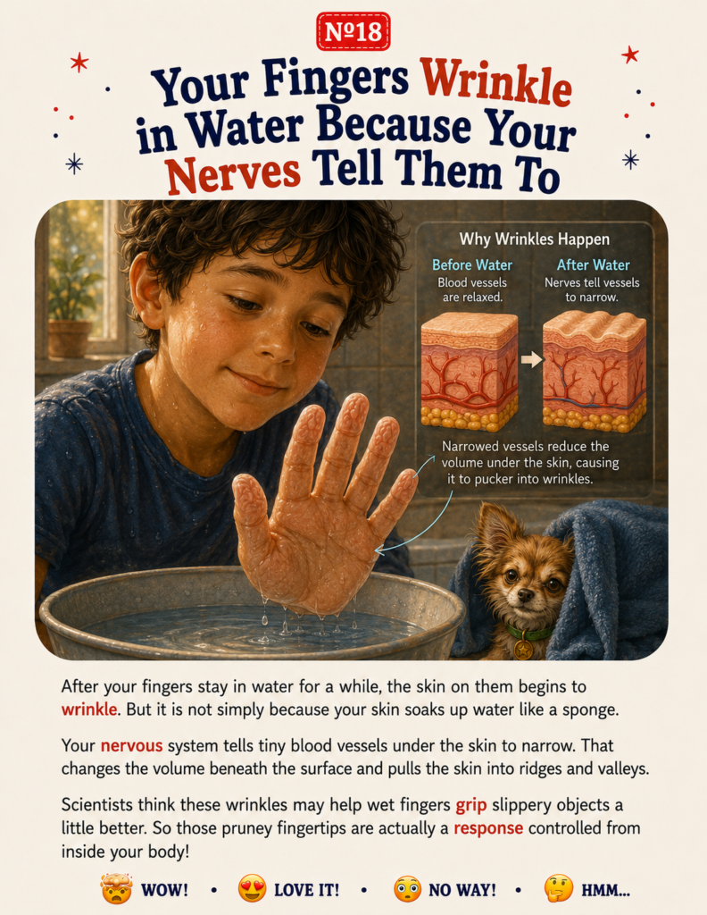 Illustration explaining human body facts for kids about why fingers wrinkle in water