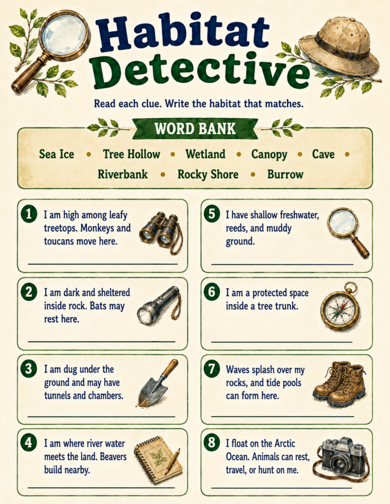 animal habitats workbook matching games for elementary