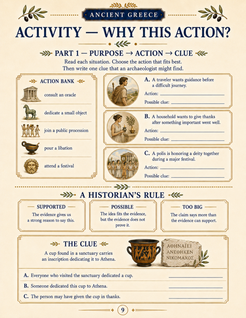Interactive worksheet from an Ancient Greece unit study exploring why people made offerings to the gods