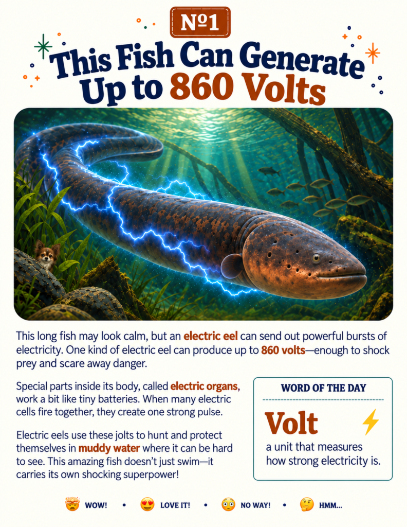 An inside page sharing animal superpowers for kids about the electric eel