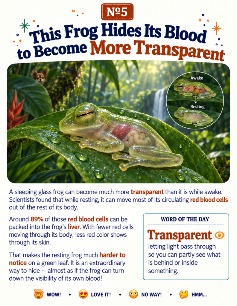 A book page showing animal superpowers for kids about the transparent glass fro