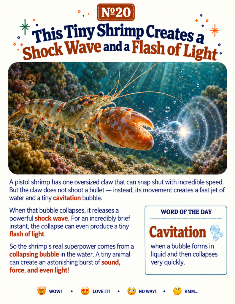 Illustration explaining animal superpowers for kids about the pistol shrimp's claw