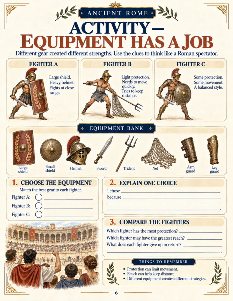 Interactive worksheet from an Ancient Rome unit study matching gladiator equipment to fighting styles