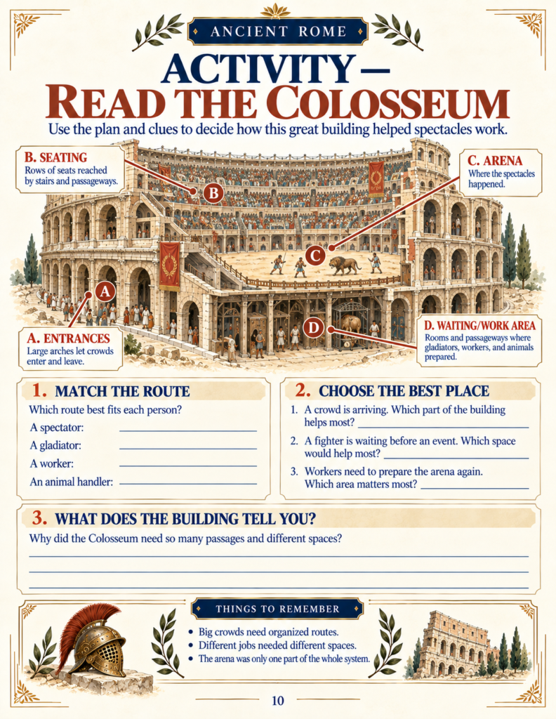 Colosseum map activity in an Ancient Rome unit study showing crowd movement and arena paths.