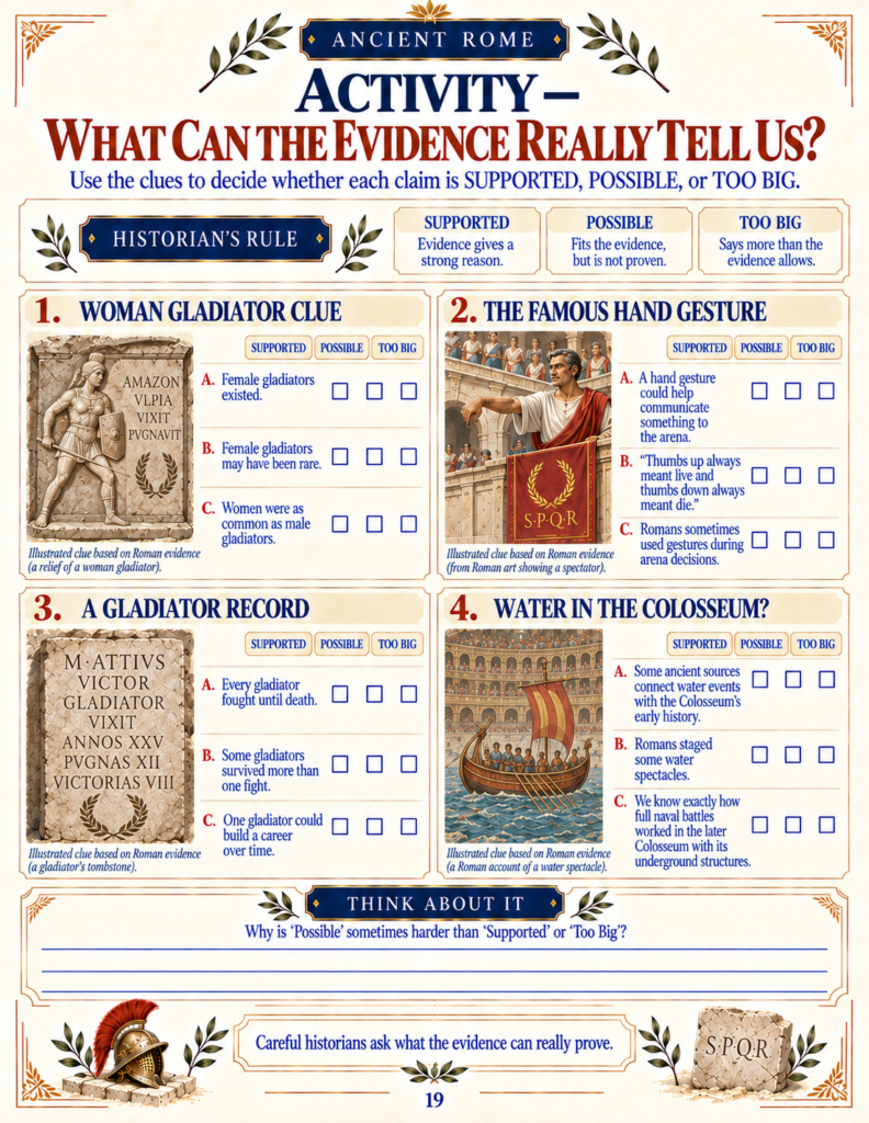 Evidence detective activity for kids evaluating historical claims about Roman gladiators as supported, possible, or too big.