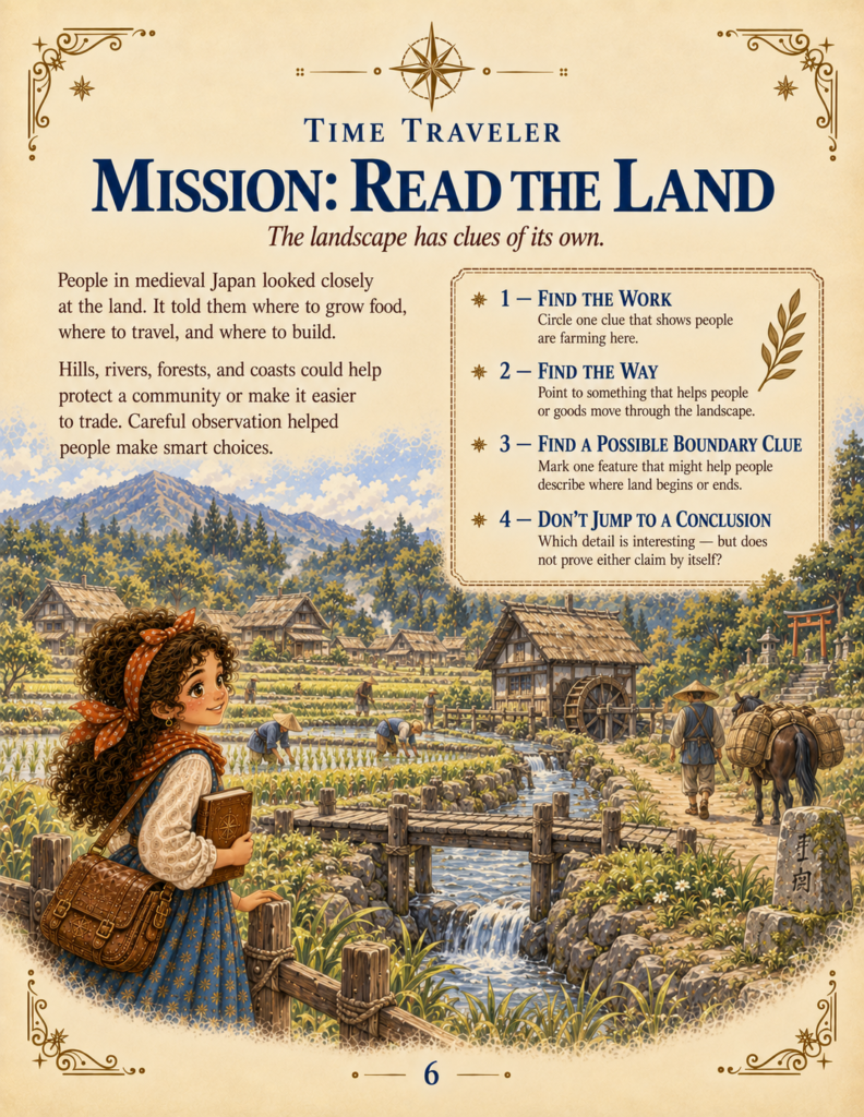 Landscape analysis worksheet from a Samurai Japan unit study showing farming and boundary clues.