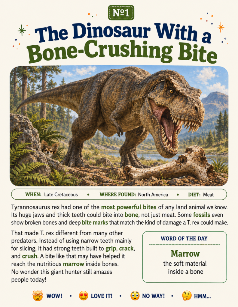 An inside page sharing dinosaur facts for kids about the bone-crushing bite of T. rex
