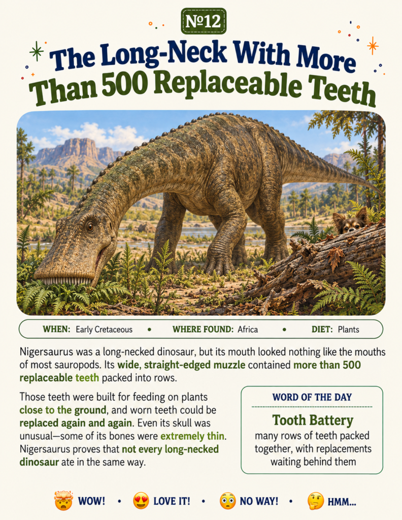 A book page showing dinosaur facts for kids about Nigersaurus and its unique teeth