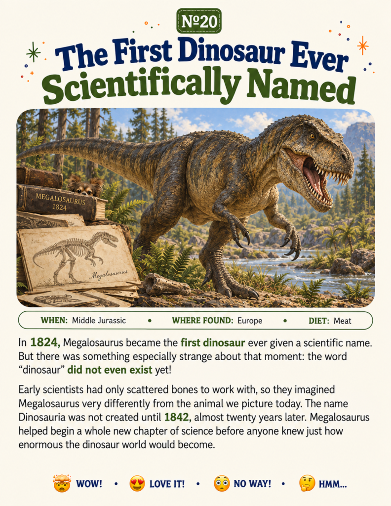 Illustration explaining dinosaur facts for kids about the discovery of Megalosaurus