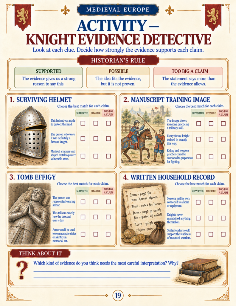 Evidence detective activity for kids evaluating historical claims about medieval knights as supported, possible, or too big.
