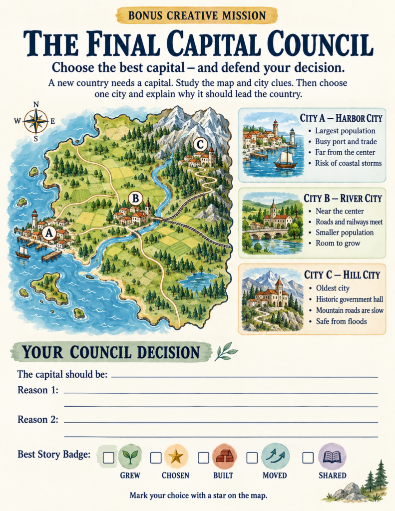 Fictional territory map and decision council activity evaluating three candidate cities for a national capital.