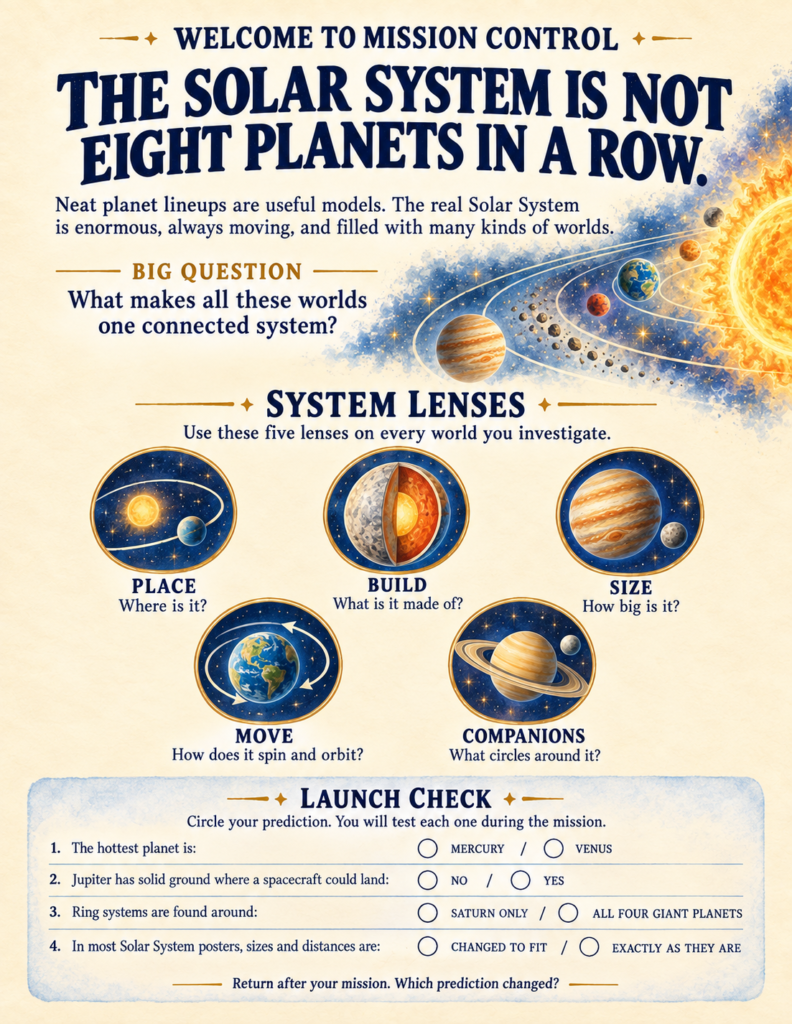 Solar system workbook diagnostic mission control page showing five system lenses and launch check predictions.