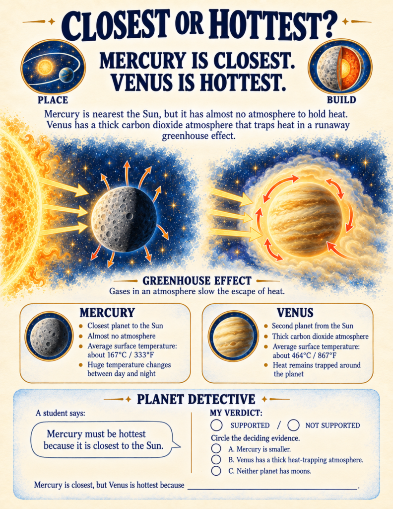 Planetary comparison activity contrasting the surfaces, atmospheres, and temperatures of Mercury and Venus.