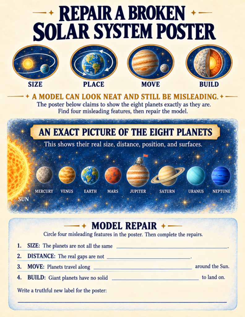 Space mission matching activity displaying spacecraft types including flybys, orbiters, landers, rovers, and atmospheric probes.