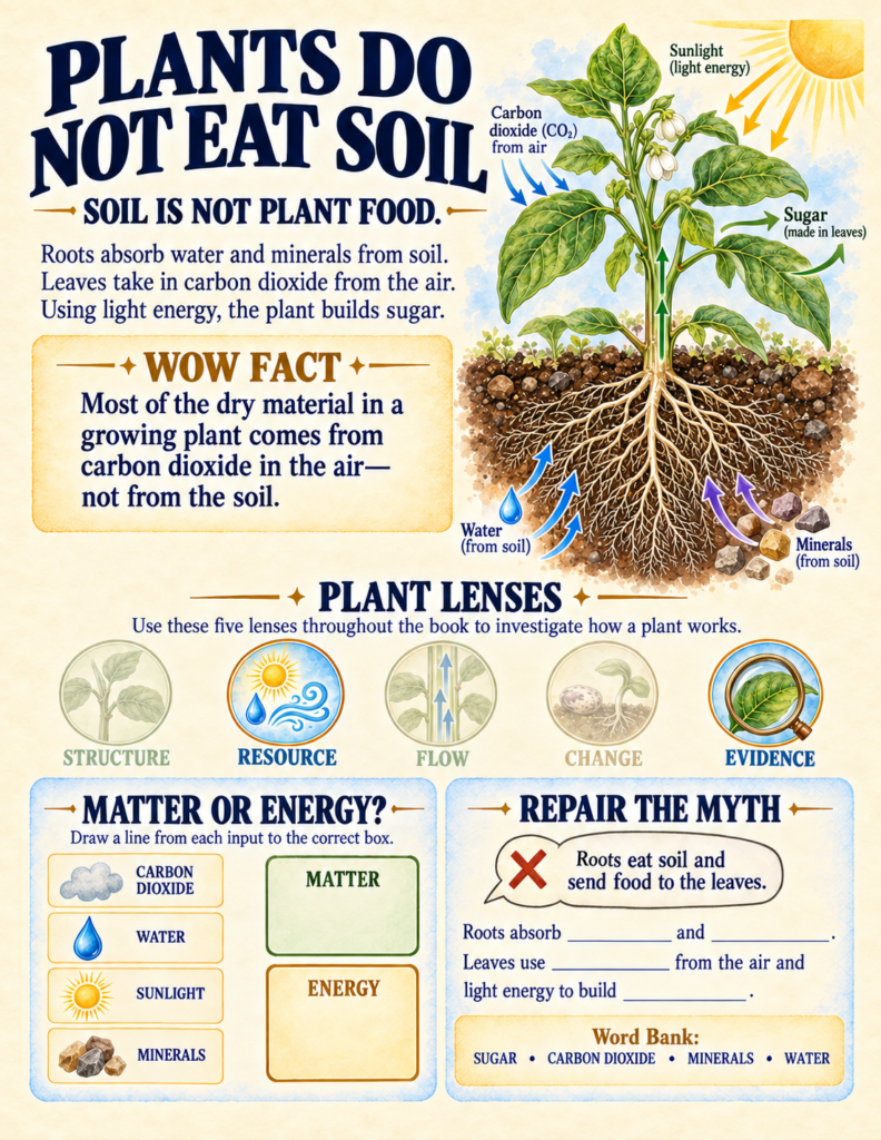 Plant life cycle workbook page investigating the myth that plants eat soil using digital scales and dry mass data.