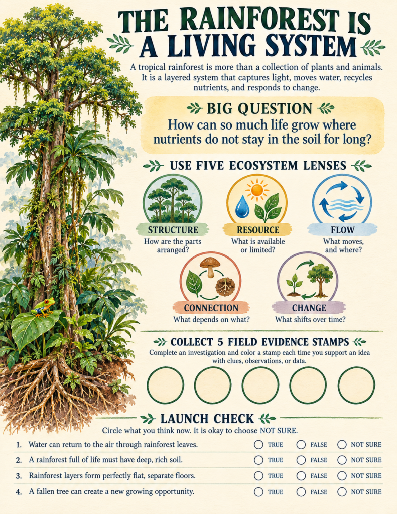 Tropical rainforest workbook introductory page showing five ecosystem lenses and an inquiry question.
