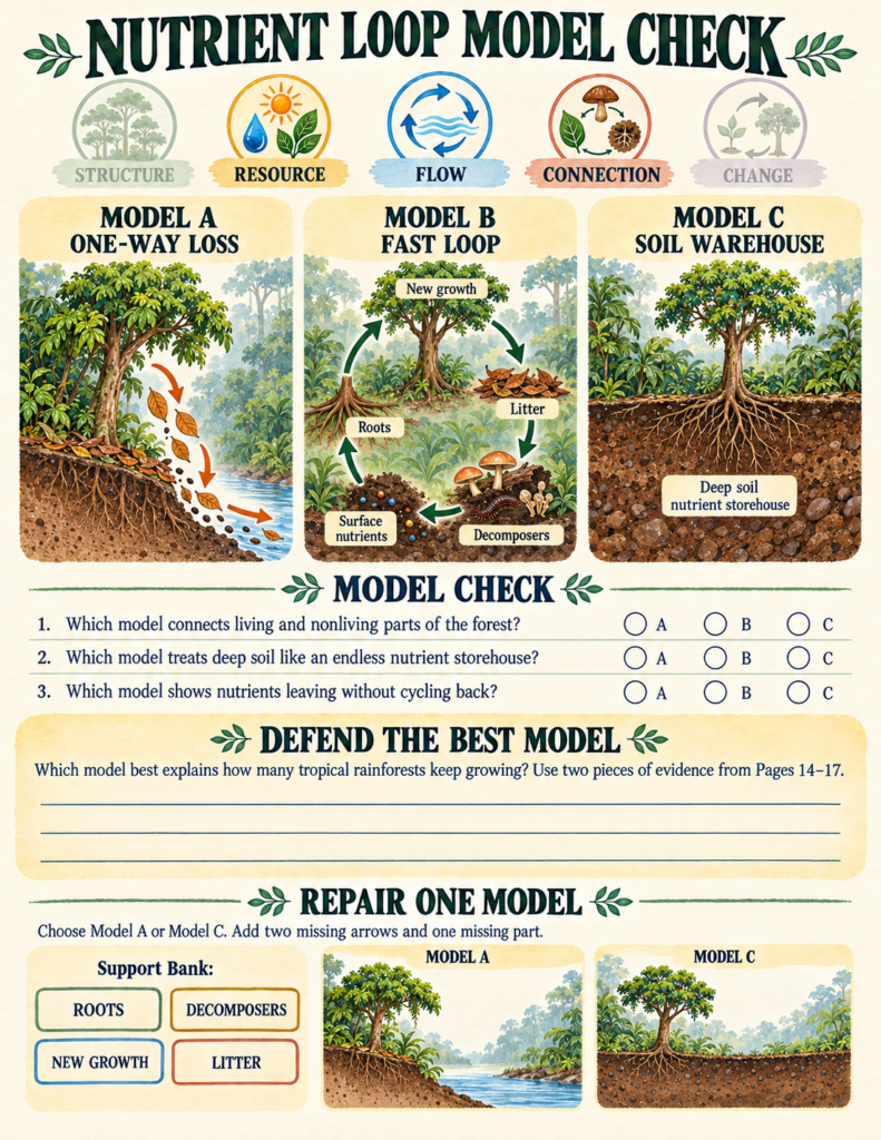 Decomposition mystery worksheet presenting leaf litter mass data across moist and dry plots.