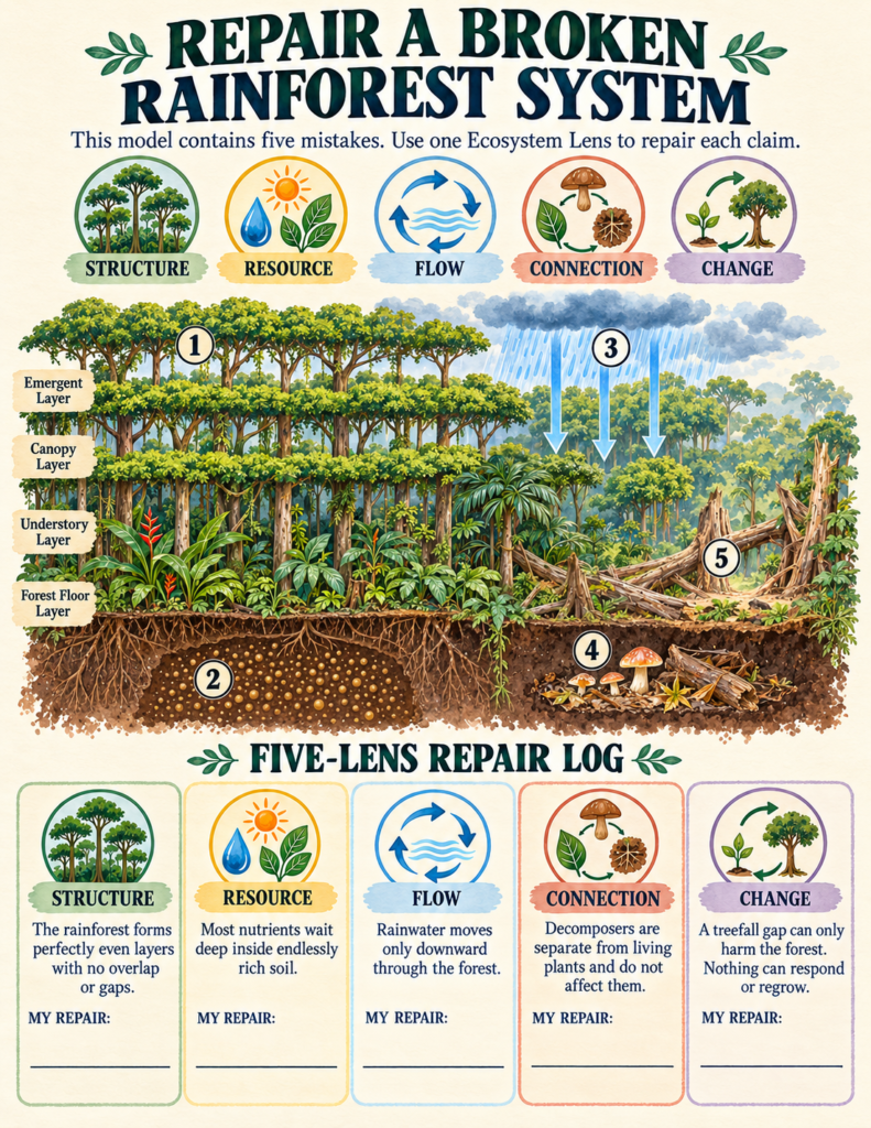 Diagnostic repair log asking students to identify and correct five major misconceptions about rainforest ecosystems.