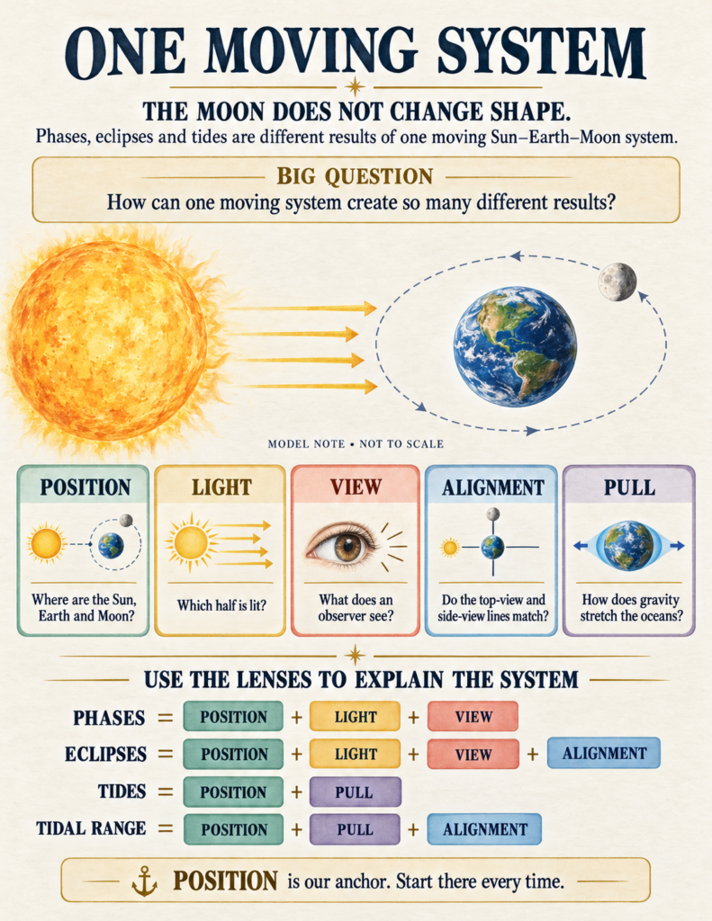 Moon phases and eclipses workbook introductory page displaying five scientific lenses and the central system question.