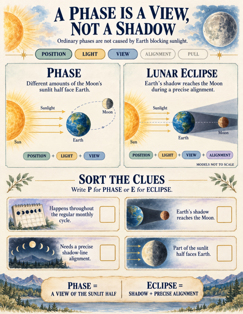 Comparison diagram illustrating the physical difference between an orbital moon phase and a shadow-line lunar eclipse.
