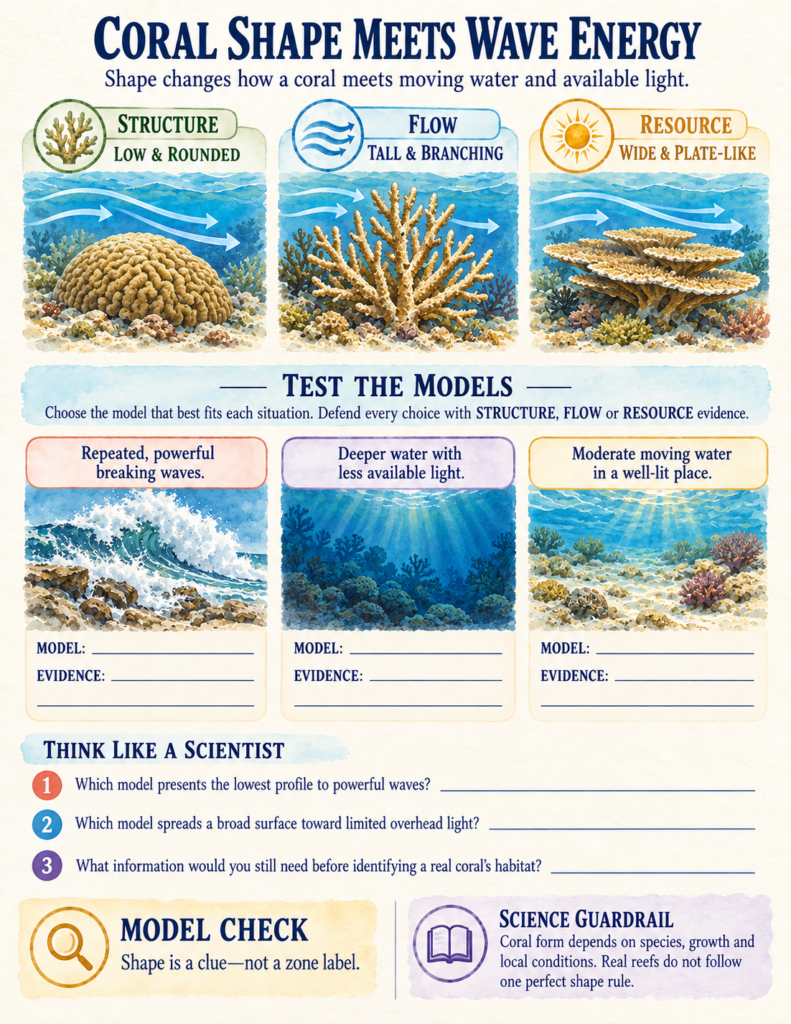 Coral morphology guide comparing rounded brain coral, branching staghorn coral, and flat plate coral under varying wave forces.