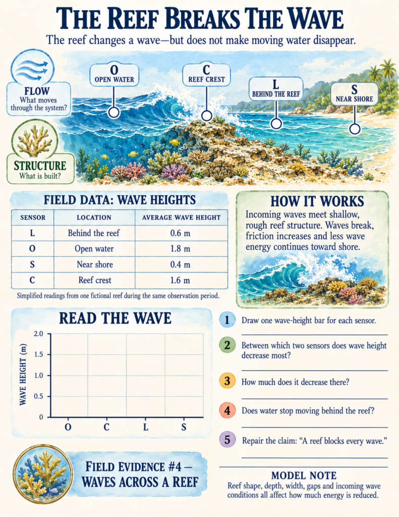 Biological field survey table comparing herbivorous grazer counts, macroalgae coverage, and newly settled coral larvae across three reef patches.