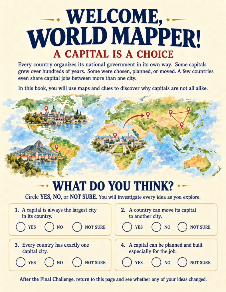 Countries and capitals workbook introductory page showing four diagnostic questions about how national capitals are chosen.
