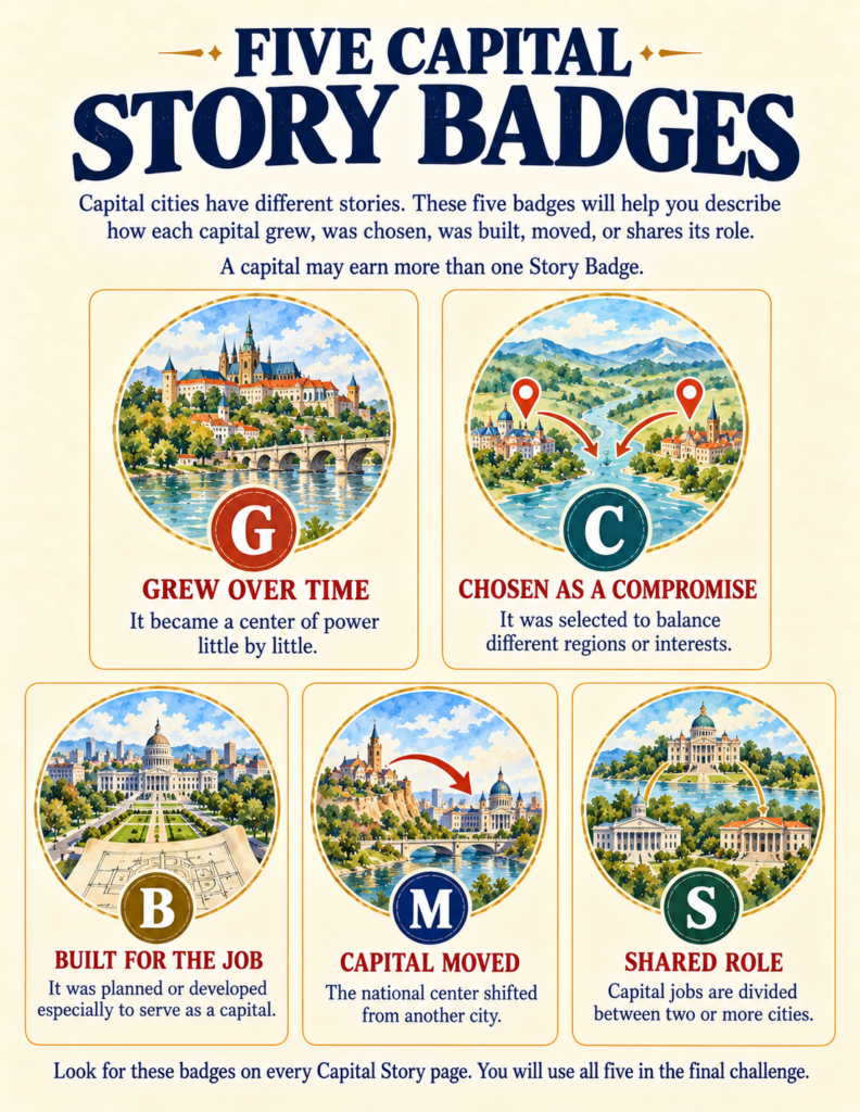 Visual guide displaying five Capital Story Badges used to categorize how world capitals develop.