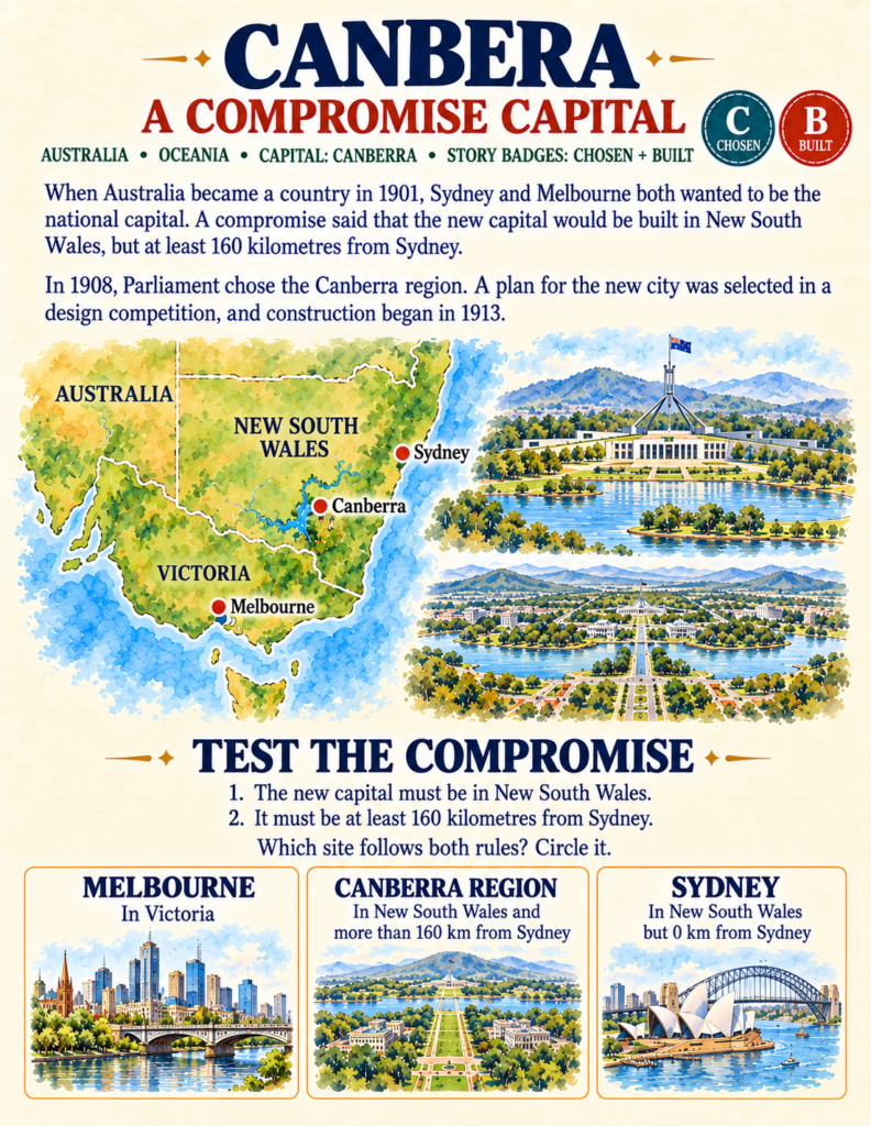 Map activity page testing the geographical distance rules used to select Canberra as Australia's capital.