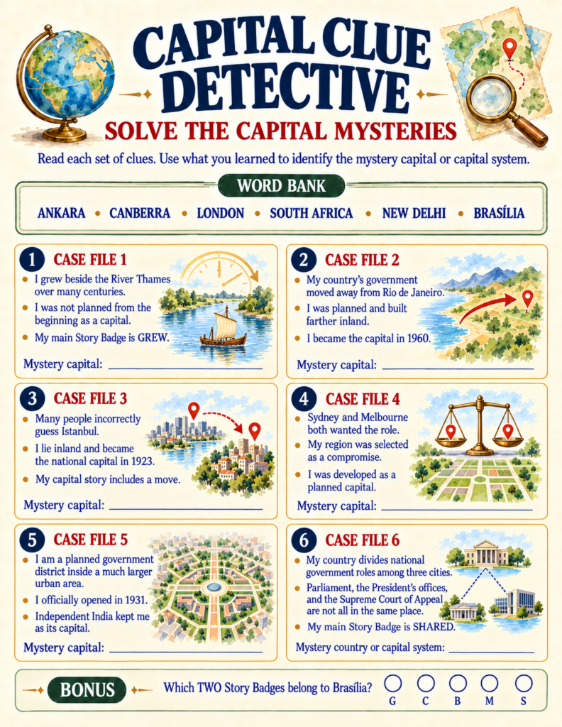Clue detective mystery worksheet where children use historical and regional hints to identify mystery world capitals.