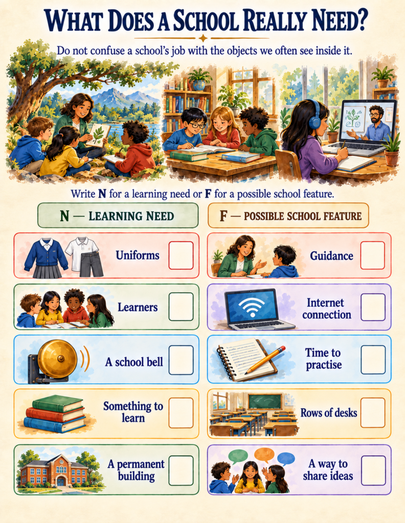 Schools around the world workbook activity separating essential learning needs from physical classroom features.