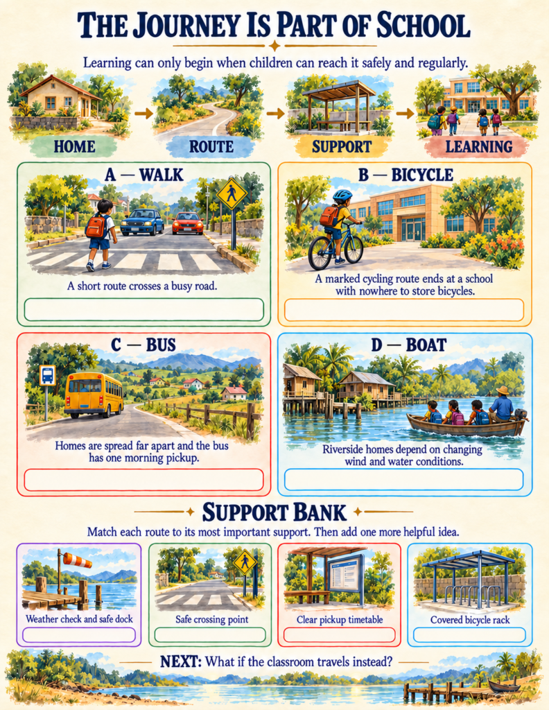 Transportation and school route matching worksheet showing the infrastructure supports required for walking, cycling, buses, and boats.