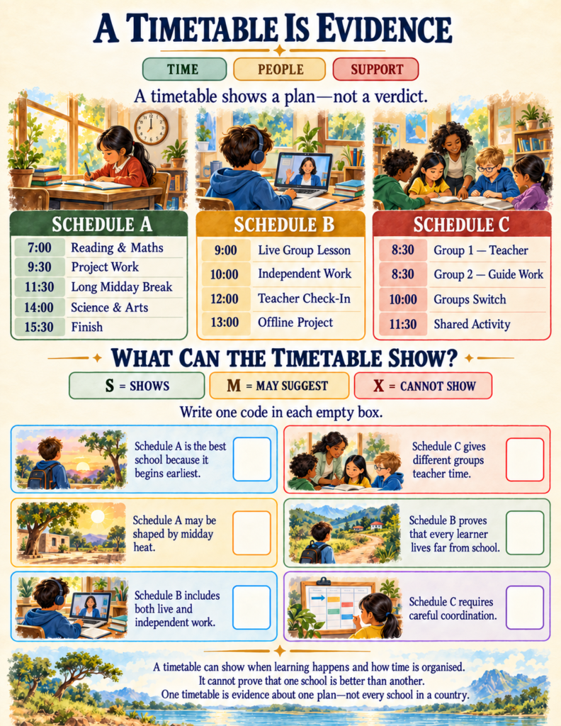 Critical thinking worksheet evaluating three different school daily schedules to deduce climate adaptations and instructional coordination.