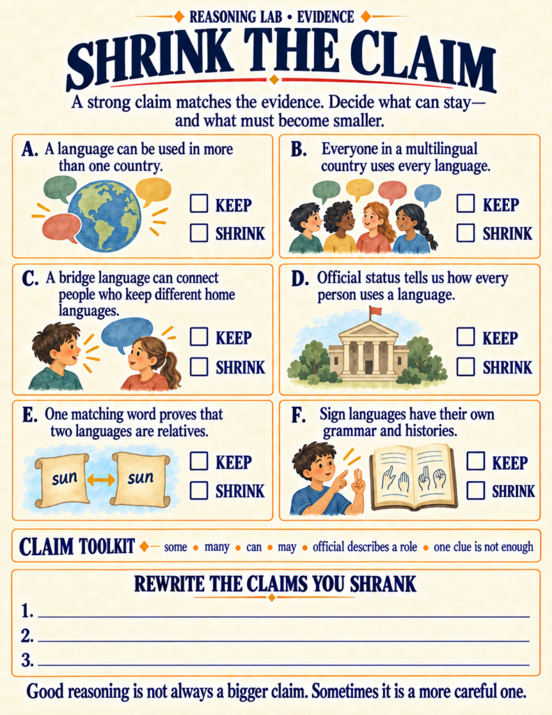 Critical thinking worksheet guiding students to shrink unsupported claims about world languages using precise qualifiers.