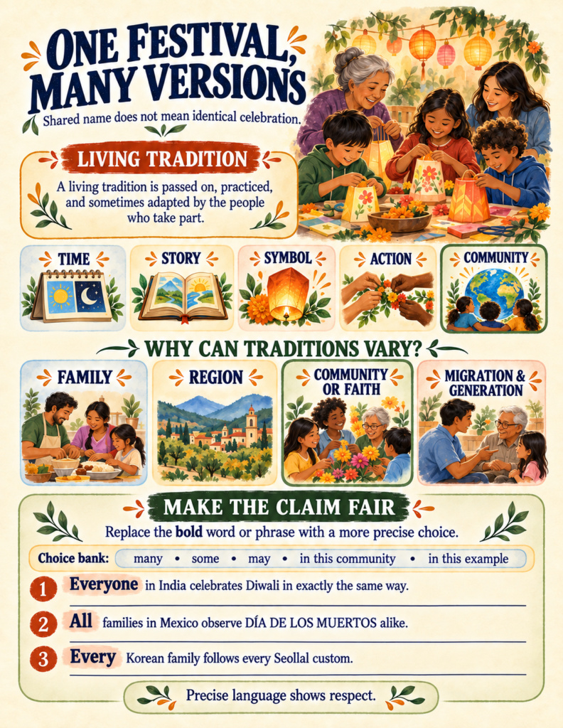 Critical thinking worksheet guiding students to rewrite overgeneralized claims about global celebrations using careful qualifiers.