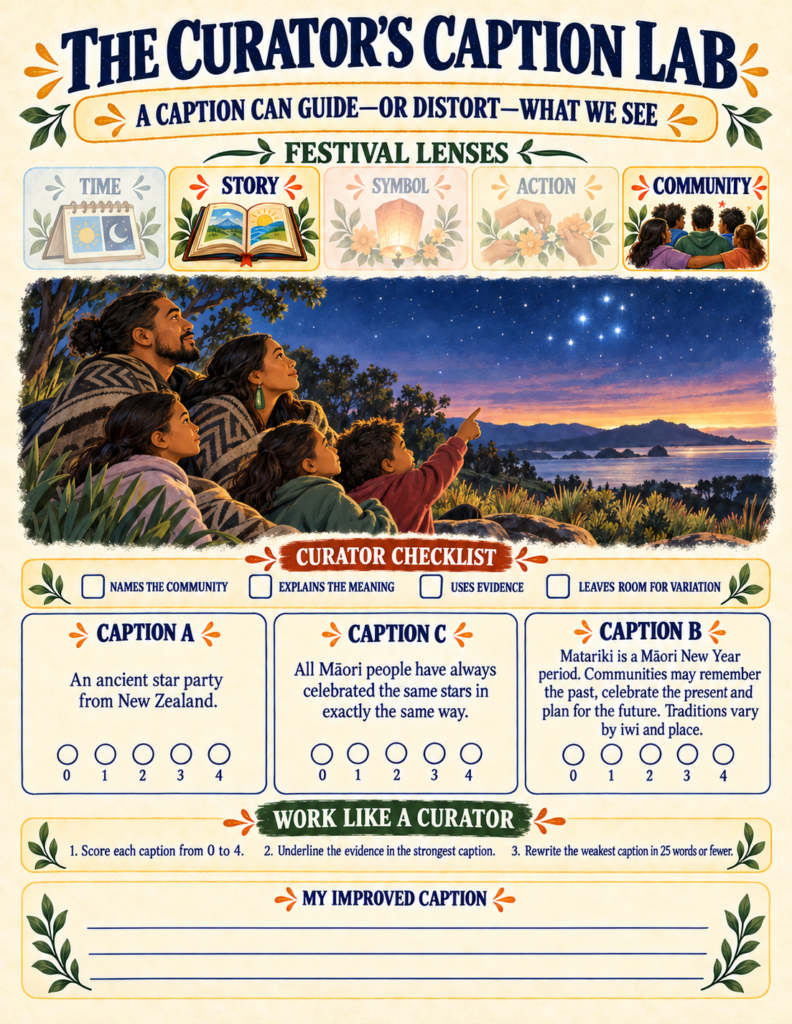Educational caption evaluation worksheet scoring three cultural descriptions based on evidence, respect, and room for variation.
