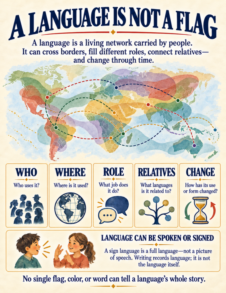 Languages of the world workbook introductory page presenting five inquiry lenses and explaining that languages are living networks.