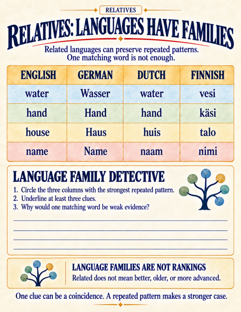 Comparative language family worksheet examining basic word roots across Germanic languages and Finnish.